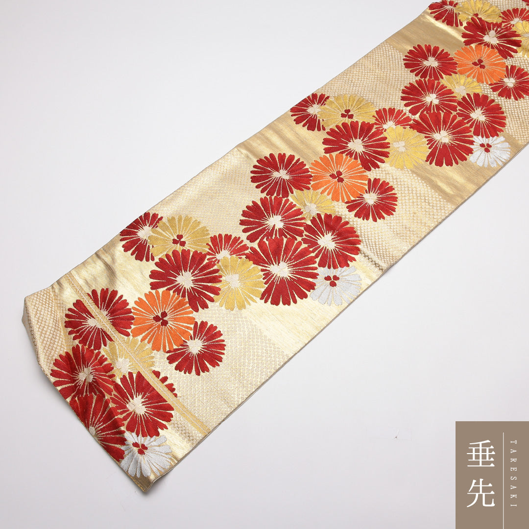 アンティーク 九寸名古屋帯 Bランク 帯丈322cm 正絹 六通 名古屋仕立て 織り 菊 金系 M4 1245-01790