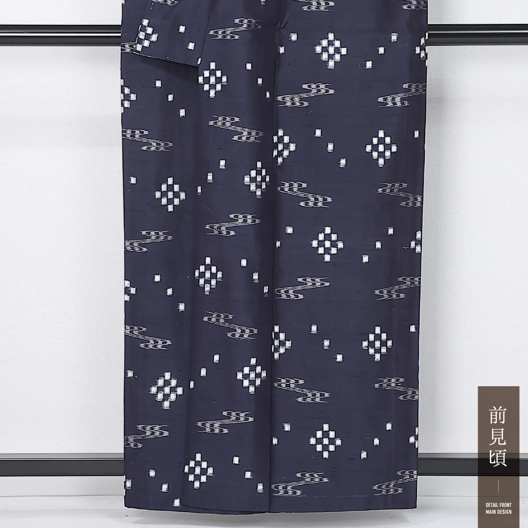 紬 単衣 身丈159cm 裄丈65cm 正絹 Sランク カジュアル 広衿 Mサイズ 絣 紺系 RP 1223-12197