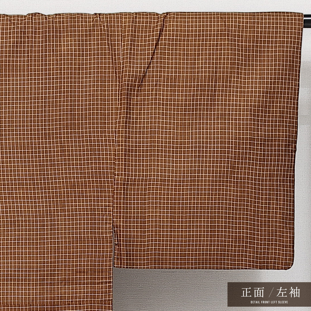 男着物 袷 身丈147cm 裄丈66cm 正絹 Aランク カジュアル 棒衿 Lサイズ 格子 茶系 RP 1224-14582