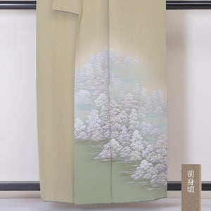 京友禅 訪問着 袷 身丈156cm 裄63cm 正絹 緑系 Bランク 風景 手描き 1212-00514