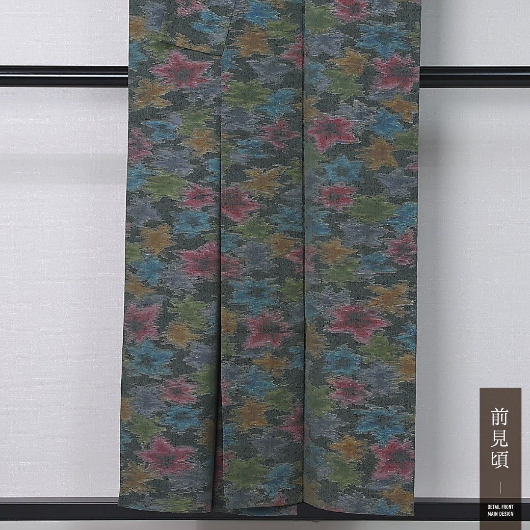 洗える着物 ウールの紬 単衣 身丈151cm 裄丈63cm ウール Aランク カジュアル 広衿 Sサイズ 花柄 緑系 HP 1223-12381