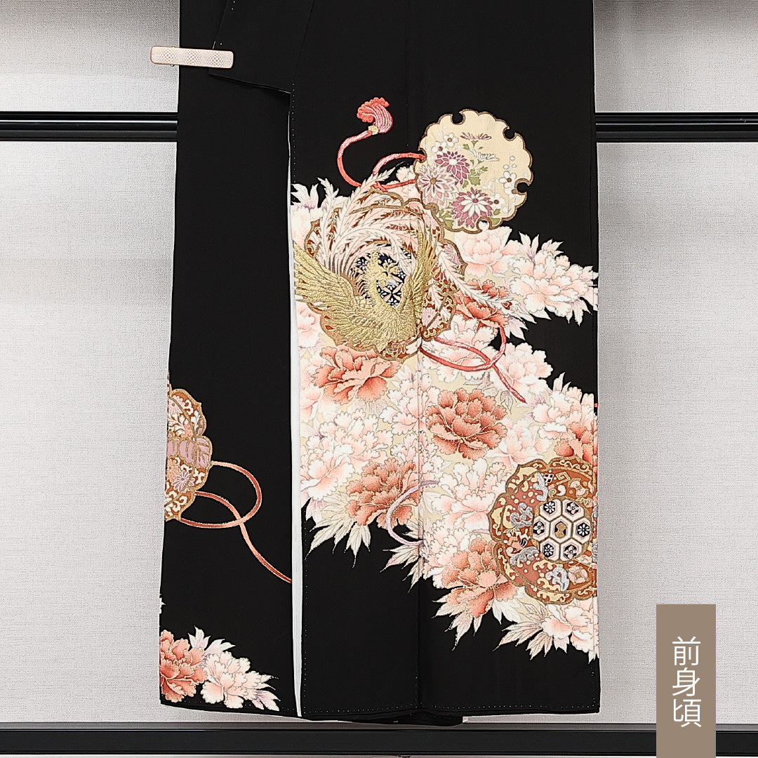 黒留袖 五つ紋 丸に三つ柏 身丈149cm 裄丈62cm Aランク 正絹 袷 比翼 広衿 XS 刺繍 鏡裏鳳凰文 牡丹 フォーマル 芸術的 華やか 黒系 1211-F0604