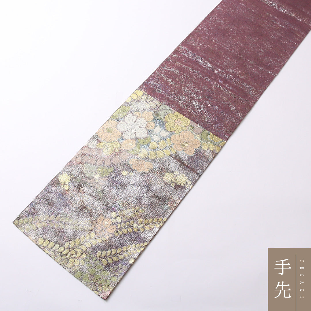 袋帯 帯丈424cm 正絹 六通 フォーマル ふくれ織 辻が花 紫系 1243-01493