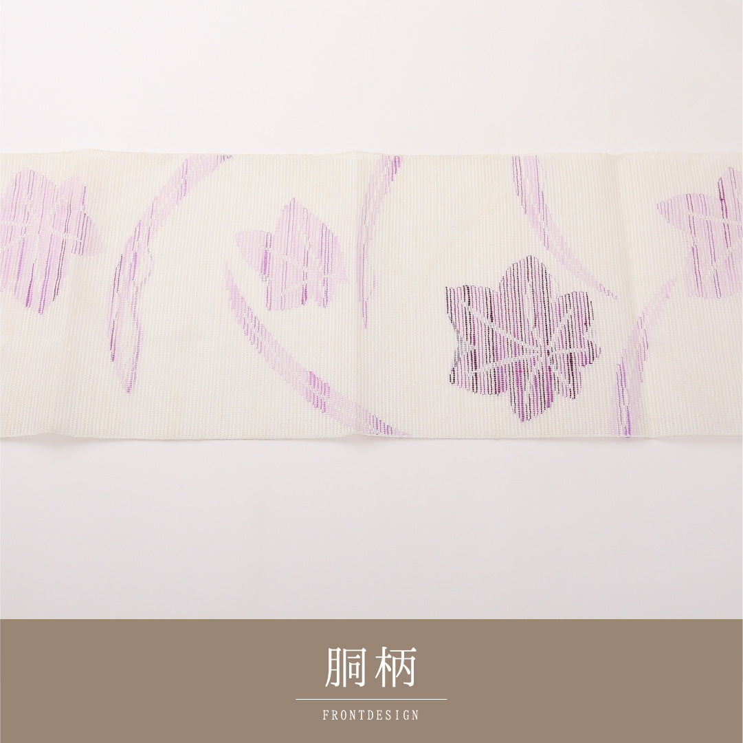 夏物 名古屋帯 六通 帯丈373cm カジュアル Cランク 正絹 絽 楓 クリーム系 1224-02296