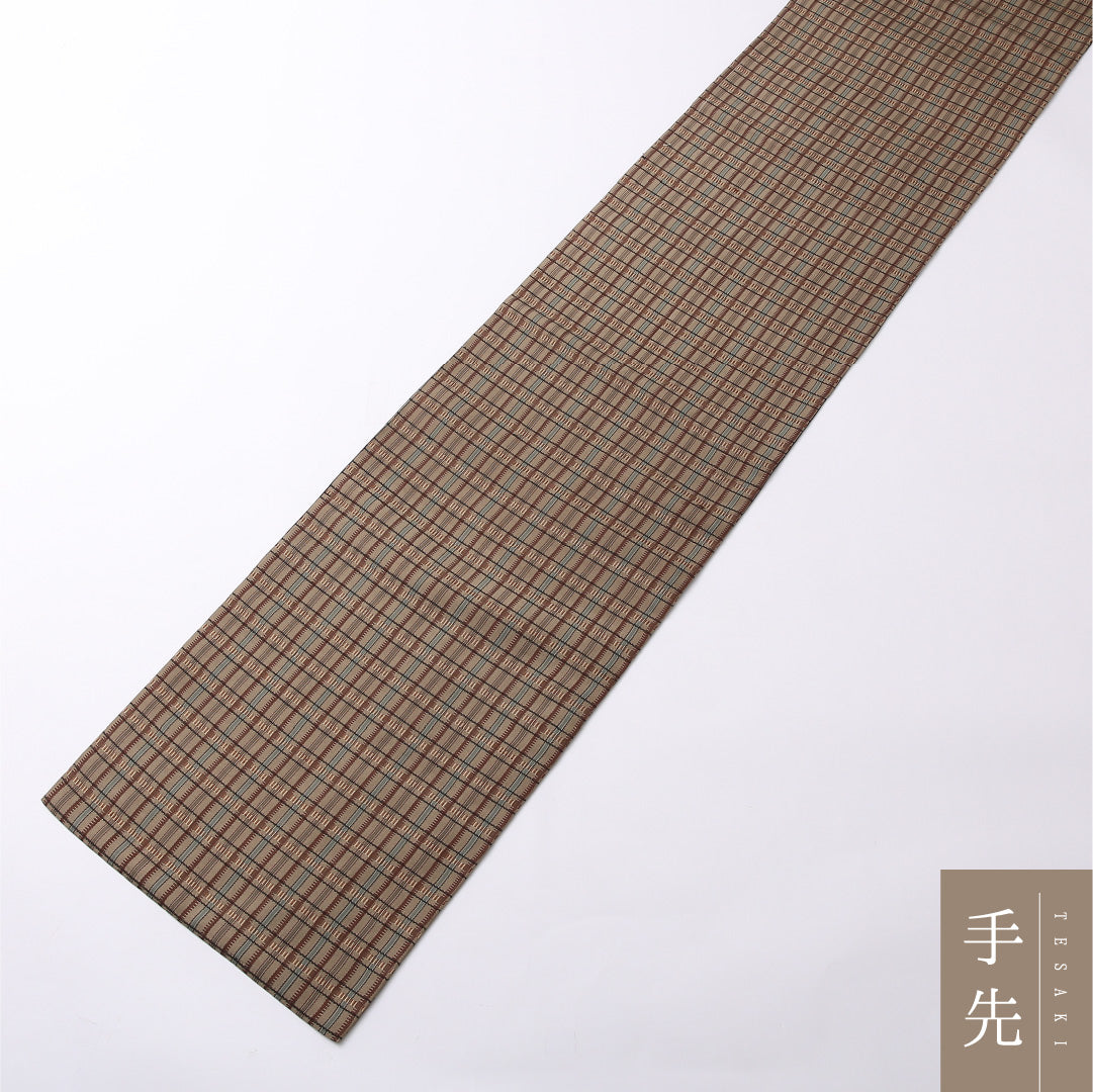 九寸名古屋帯 Sランク 帯丈376cm 正絹 六通 開き仕立て 織り カジュアル 切嵌め 幾何学柄 緑系 RP 1245-02799