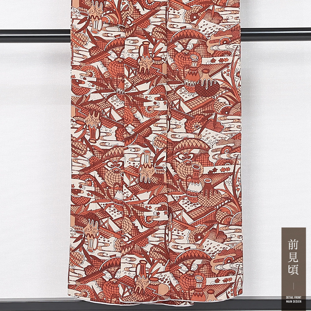アンティーク 小紋 袷 身丈149cm 裄丈64cm 正絹 Aランク バチ衿 XSサイズ 壺 朱系 M4 1221-11921