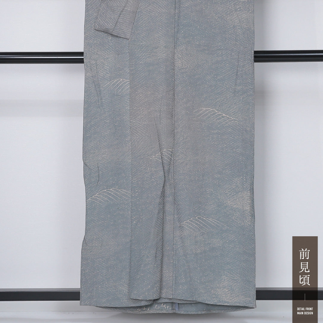 小紋 身丈156cm 裄丈65cm Sランク M 正絹 単衣 広衿 波 カジュアル グレー系 1215-12327