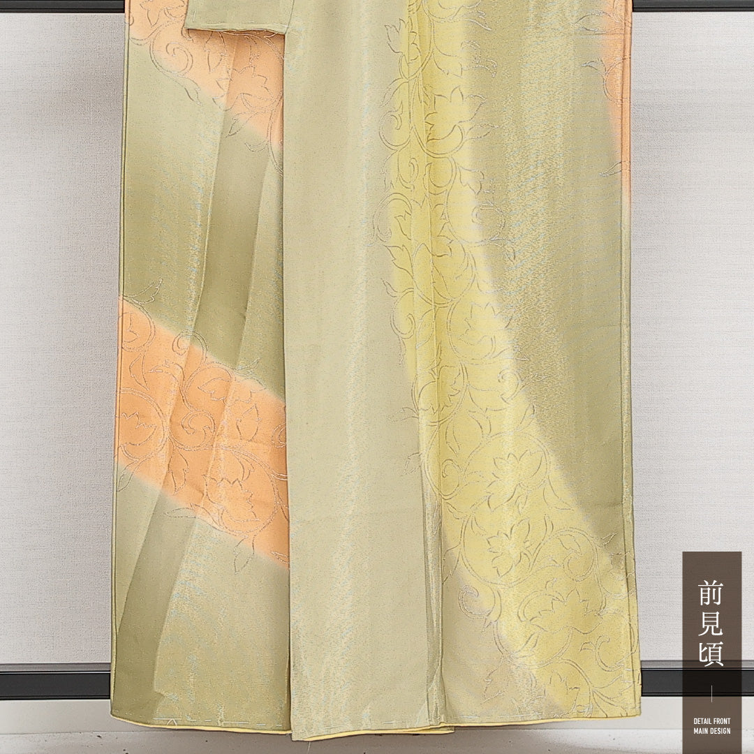 訪問着 袷 洗える着物 身丈155cm 裄丈64cm Aランク ポリエステル 広衿 Mサイズ 一つ紋（丸に違い鷹の羽） セミフォーマル 創作柄 舞台衣装 華やか 遊び心 金系 1212-13982