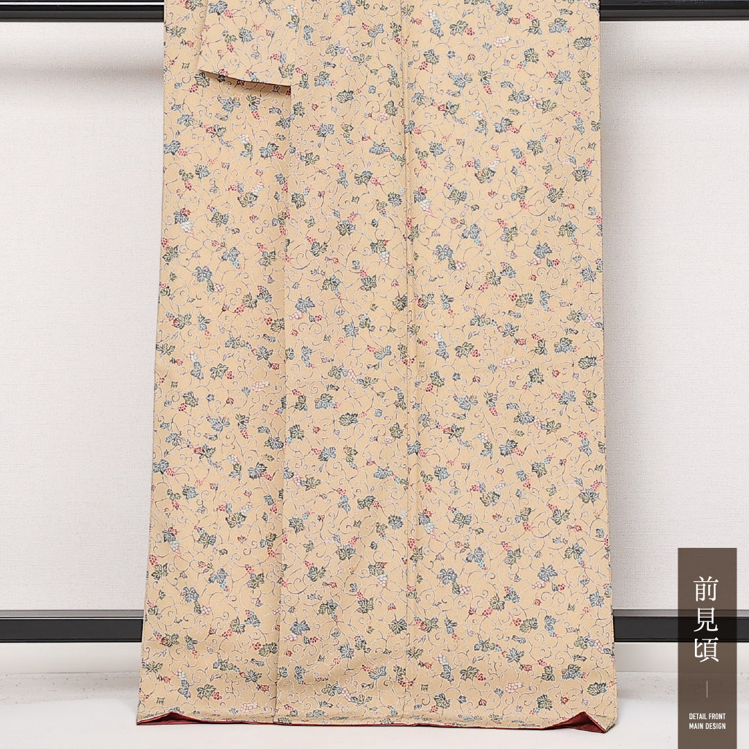 洗える着物 小紋 袷 身丈162cm 裄丈66cm ポリエステル Sランク インフォーマル 広衿 Lサイズ 葡萄 ベージュ系 RP 1221-13592