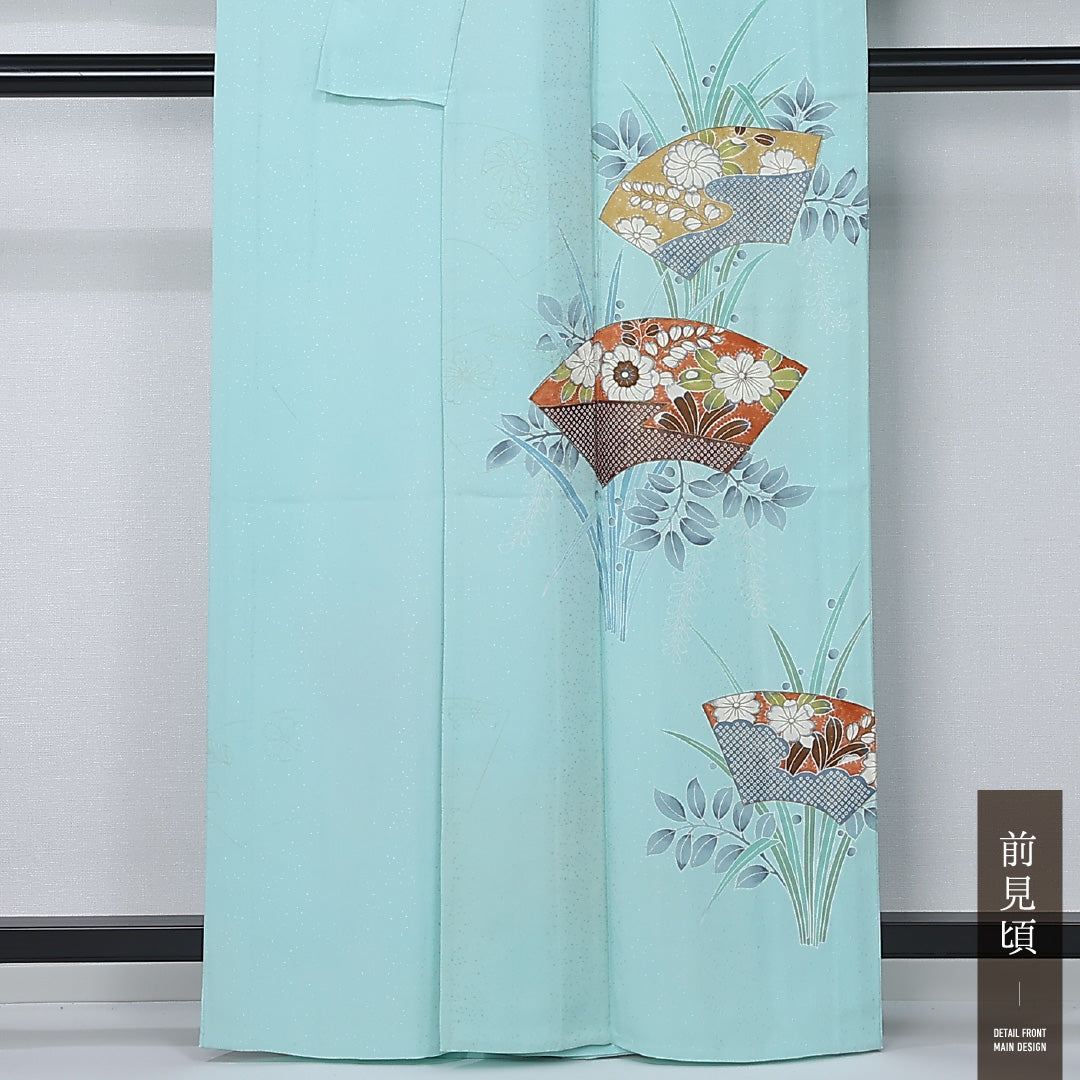 付下げ 身丈162cm 裄丈64cm Aランク L 正絹 単衣 広衿 扇 藤 インフォーマル 水色系 1261-12311