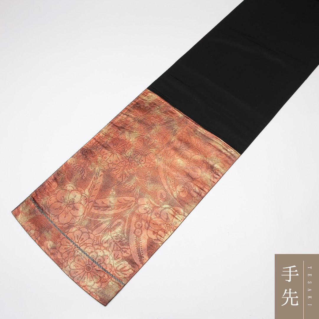 袋帯 帯丈430cm 正絹 六通 セミフォーマル 花柄 茶系 金系 1243-01215