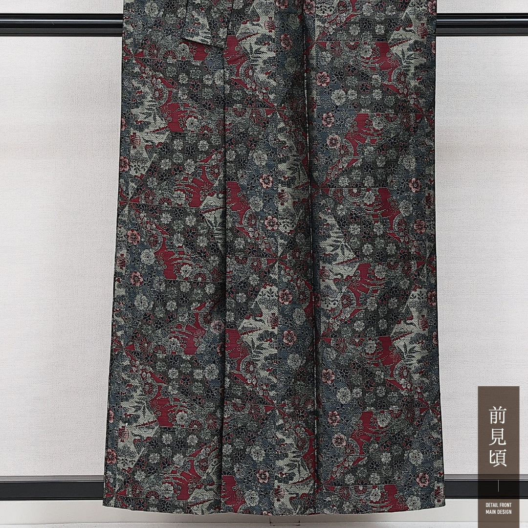 未使用品 洗える着物 ウールの紬 単衣 身丈155cm 裄丈61cm ウール Sランク カジュアル バチ衿 Mサイズ しつけ糸 古典柄 グレー系 RP 1223-14547