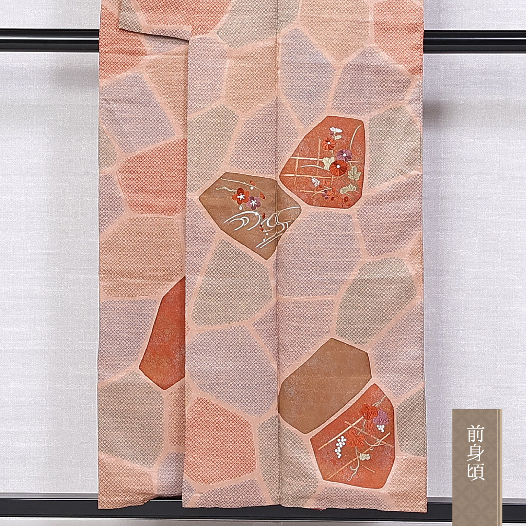 付下げ 袷 身丈154cm 裄丈63cm 正絹 Sランク インフォーマル 広衿 Sサイズ 金彩 刺繍 菊 梅 朱系 RP 1218-10225