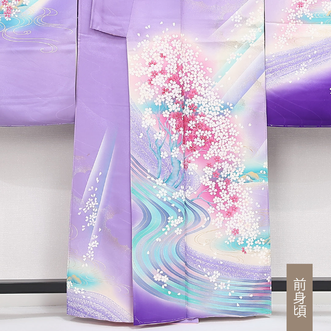 振袖 身丈161cm 裄丈65cm Bランク 正絹 袷 広衿 L しつけ糸 流水 吉祥文様 桜 フォーマル 紫系 1213-F0527