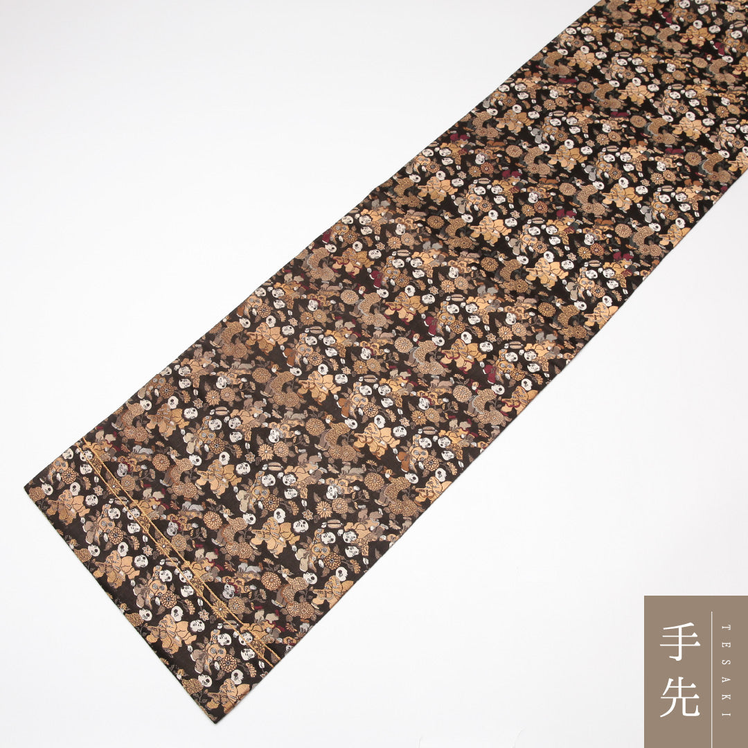 袋帯 帯丈412cm 正絹 全通 セミフォーマル 唐子 金系 黒系 1243-01300