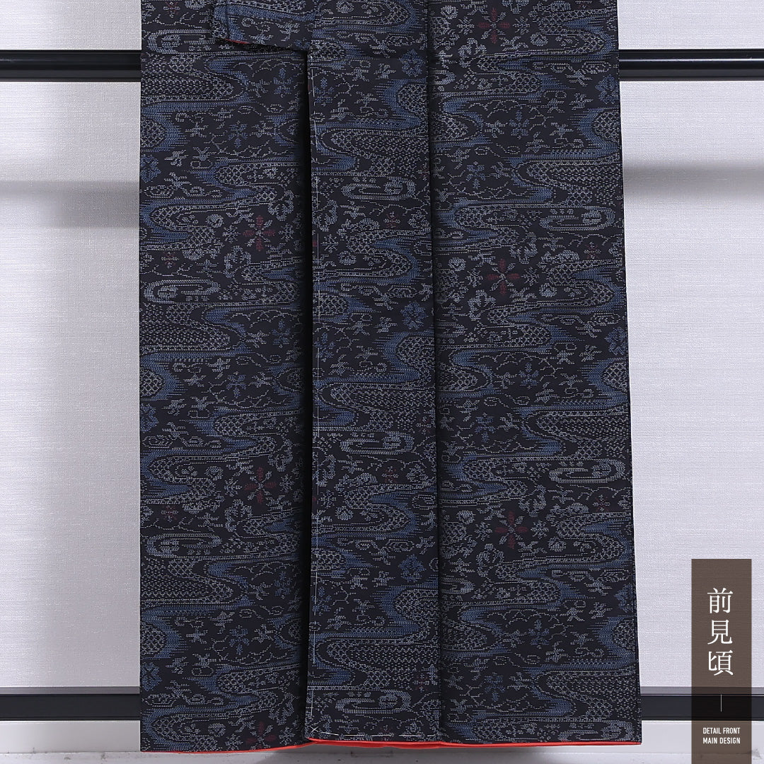 大島紬 袷 身丈155cm 裄丈64cm 正絹 Aランク インフォーマル 広衿 Mサイズ 流水 雪花 紺系 M4 1223-11782