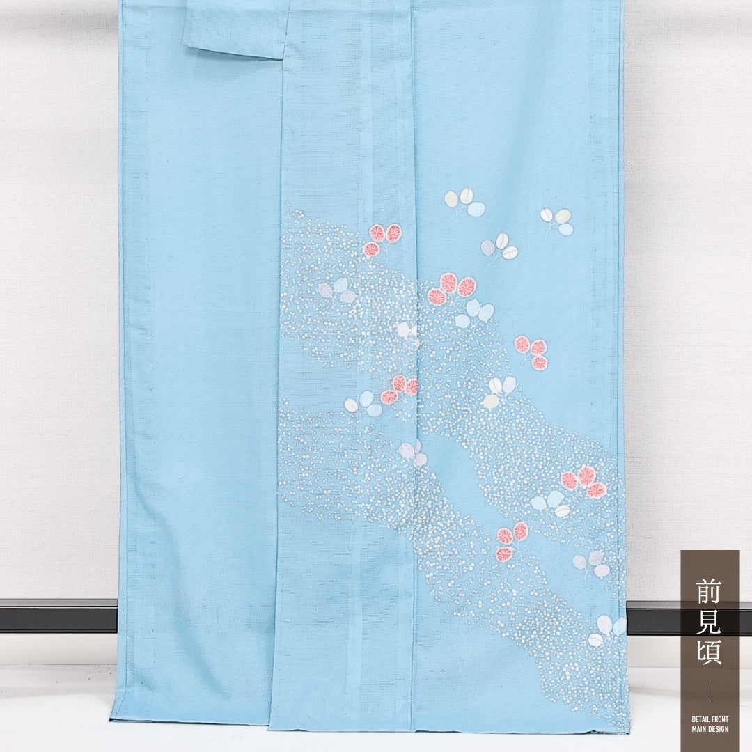 夏物 訪問着 絽 身丈166cm 裄丈64cm ポリエステル 洗える着物 Aランク セミフォーマル 広衿 XLサイズ 植物柄 抽象的 爽やか 水色系 RP 1217-13386