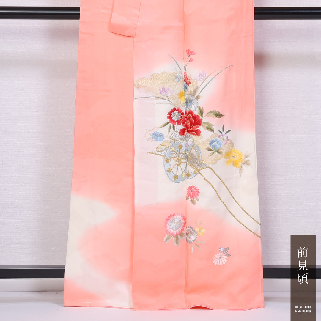 訪問着 袷 身丈161cm 裄丈67cm 正絹 Sランク 一つ紋 (中陰蔦) セミフォーマル バチ衿 Lサイズ 漆糸 刺繍 花車 ピンク系 M4 1217-11535