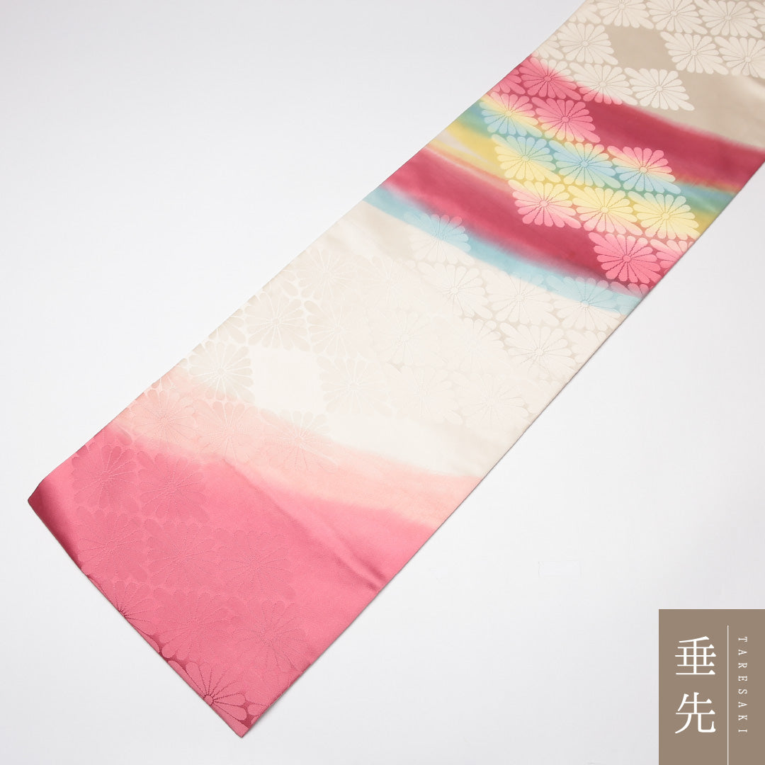 九寸名古屋帯 Cランク 帯丈342cm 正絹 六通 名古屋仕立て 織り インフォーマル 菊菱 白系・ピンク系 RP 1245-01682