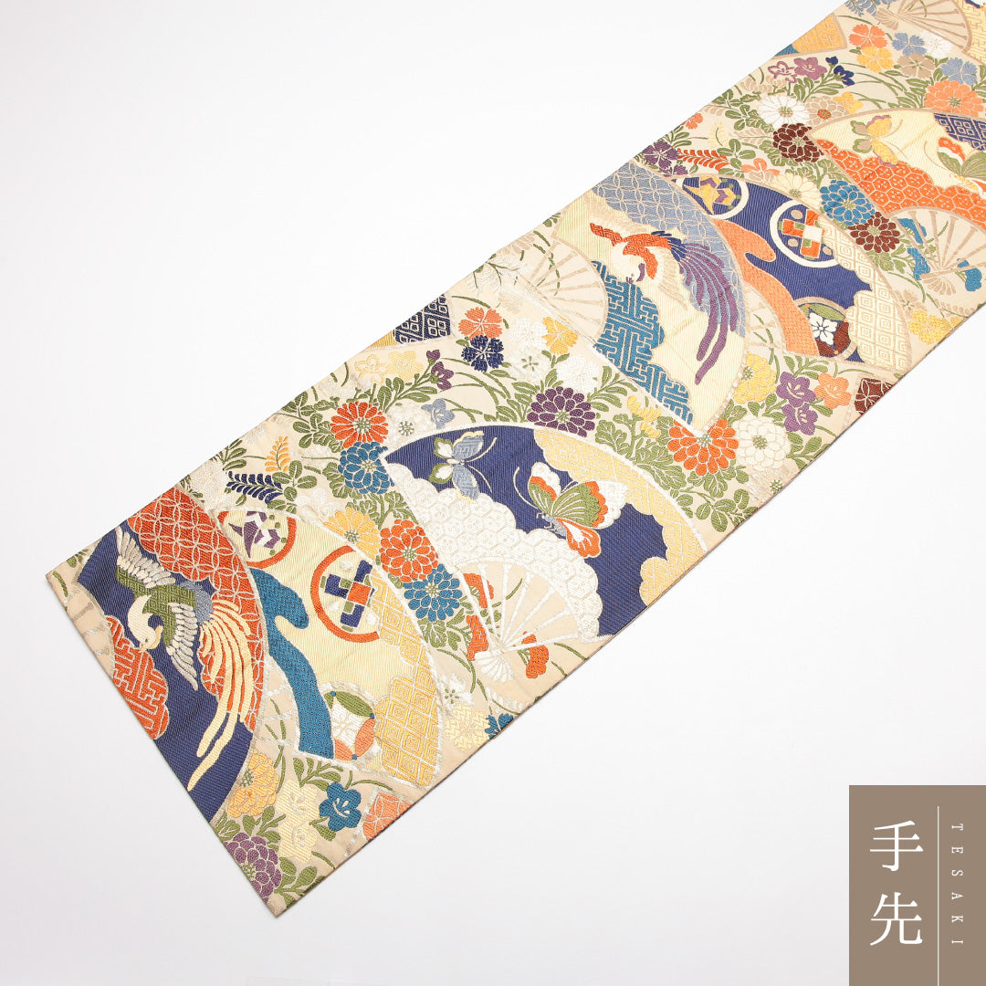 アンティーク 丸帯 全通 帯丈388cm Aランク 正絹 尾長鳥 蝶 扇子 クリーム系 1223-01422