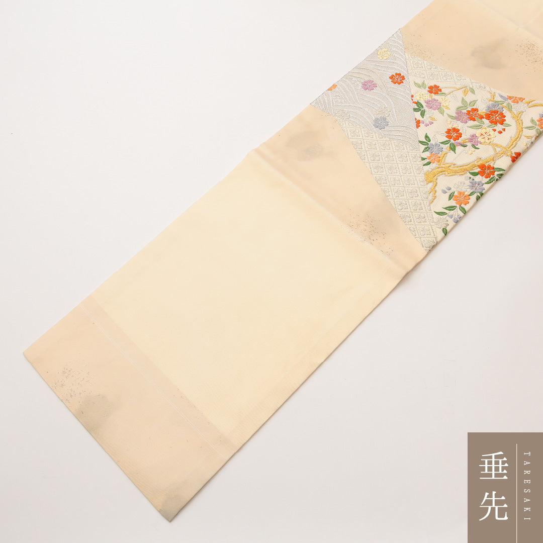 九寸名古屋帯 帯丈357cm セミフォーマル 名古屋仕立て ポイント柄 Sランク 正絹 花柄 クリーム系 1224-02007