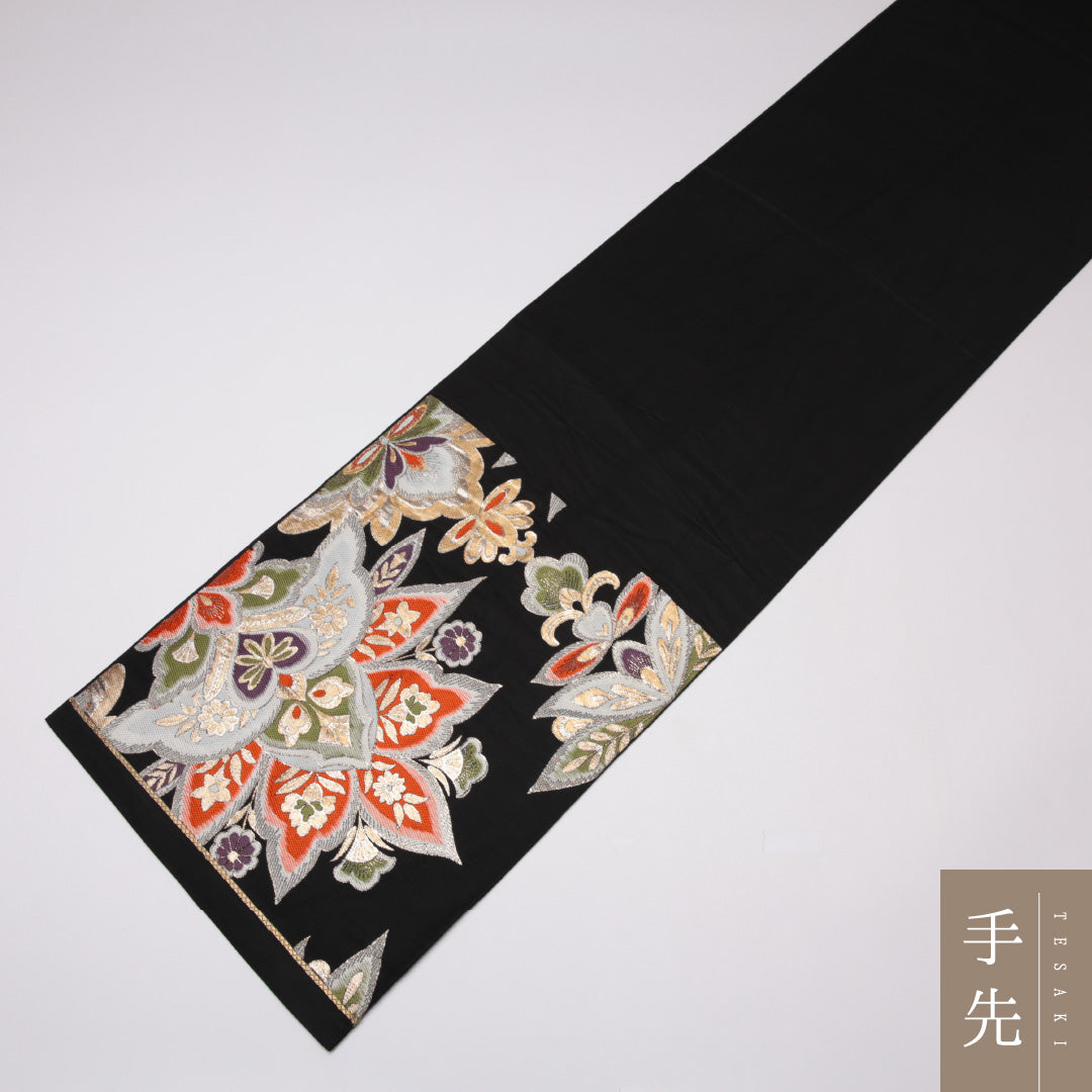 袋帯 帯丈416cm 正絹 六通 フォーマル 唐織 唐草華文 金系 黒系 1243-01283