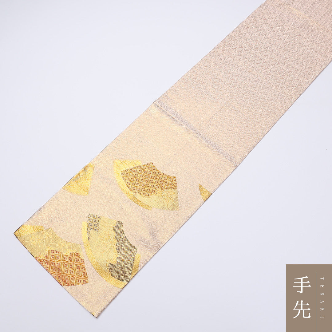 袋帯 帯丈450cm 六通 檜扇 紋意匠 フォーマル 金系 正絹 Sランク 1223-00983