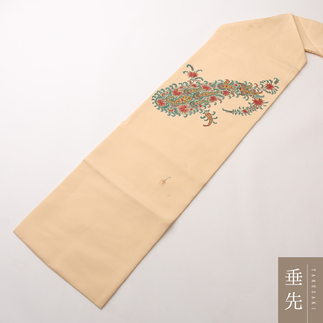 九寸名古屋帯 Cランク 帯丈352cm 正絹 ポイント柄 名古屋仕立て 染め カジュアル 作家物 落款 塩瀬 ペイズリー ベージュ系 RP 1245-02431