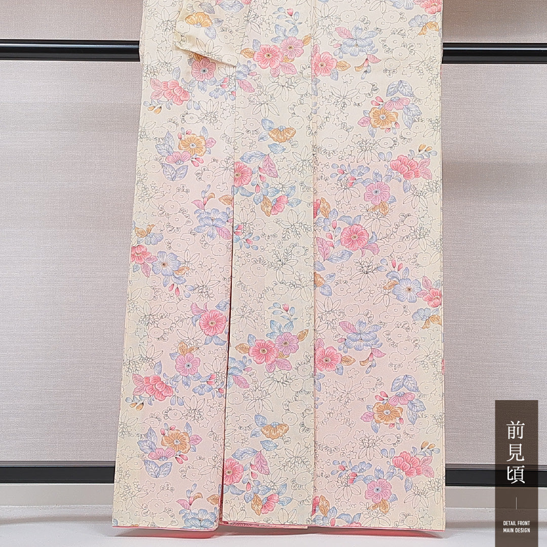 小紋 洗える着物 袷 身丈161cm 裄丈64cm ポリエステル Cランク Lサイズ 広衿 インフォーマル 花柄 クリーム系 1215-15637