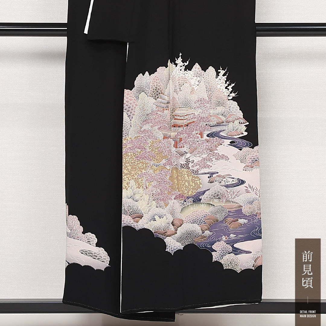 黒留袖 五つ紋 橘 身丈151cm 裄丈60.5cm Sランク 正絹 袷 比翼 広衿 S 金駒刺繍 金箔 茶屋辻 フォーマル 幻想的 重厚感 黒系 1211-F0560