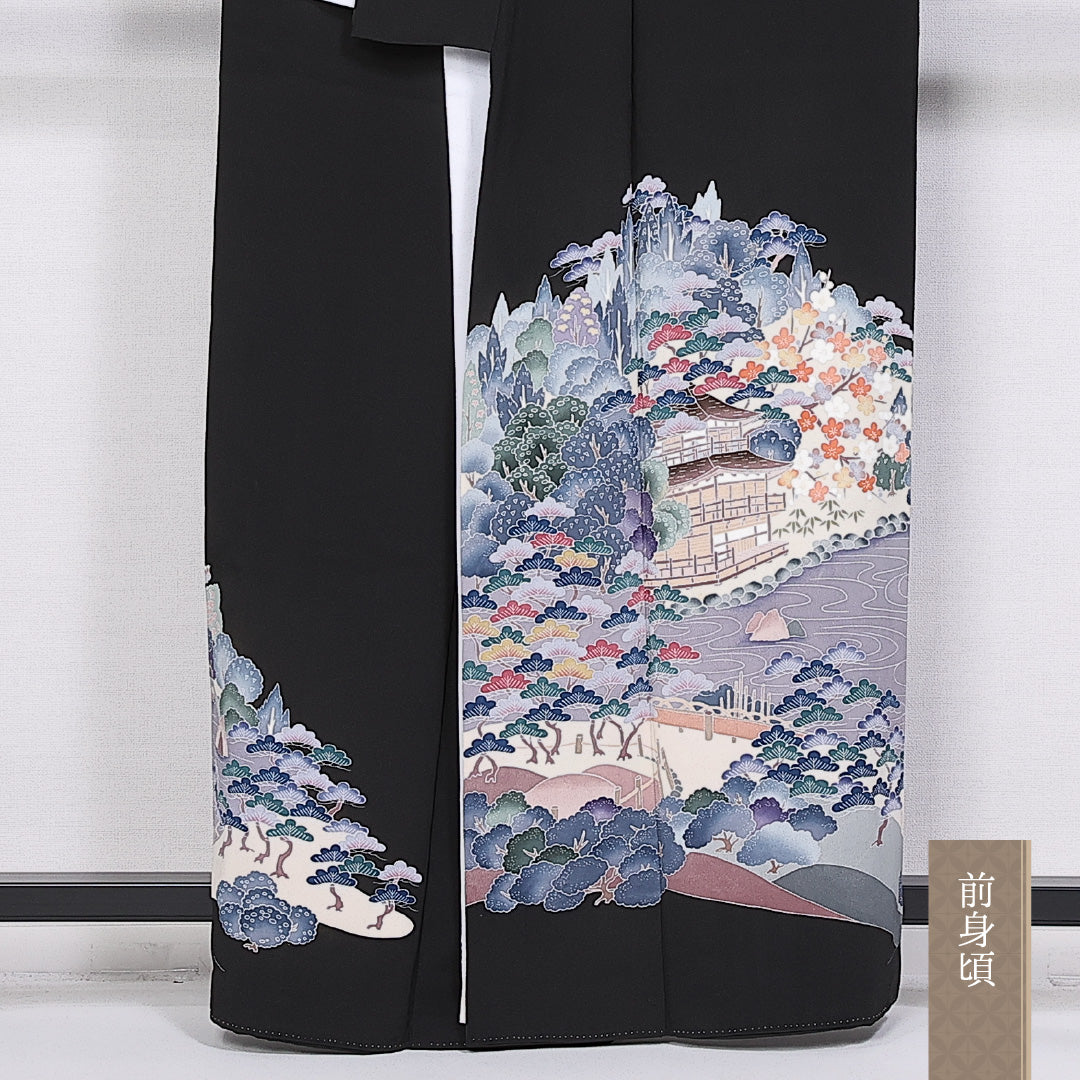 黒留袖 五つ紋 橘枝丸 鹿苑寺金閣庭園 身丈160cm 裄丈64cm Sランク 正絹 袷 比翼 広衿 L 作家物 落款 加賀友禅 フォーマル 黒系 1211-F0326