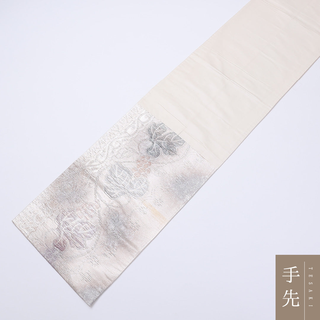 袋帯 帯丈428cm 六通 葡萄 ふくれ織 セミフォーマル 銀系 正絹 Aランク 1223-00979