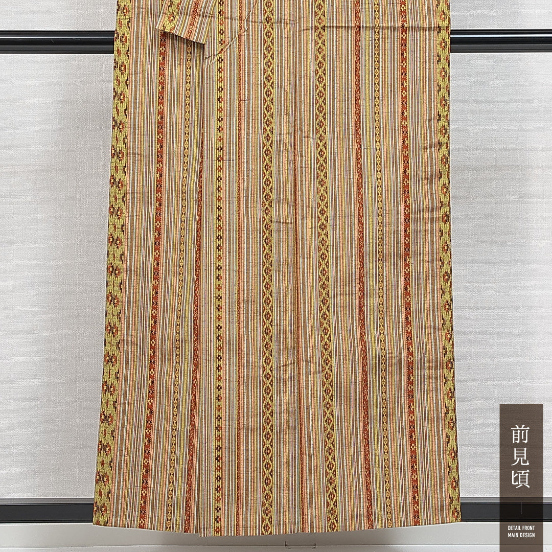 紬 単衣 身丈154cm 裄丈66cm 正絹 Sランク カジュアル バチ衿 Sサイズ 名物裂 薩摩間道 黄系 M4 1223-14773