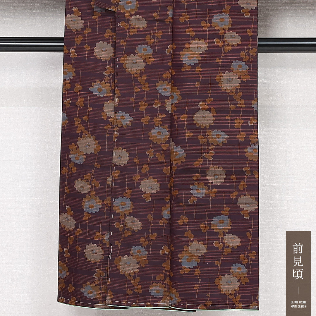 アンティーク 紬 袷 身丈140cm 裄丈62cm 正絹 Aランク バチ衿 XSサイズ 縞 花柄 紫系 RP 1223-13219