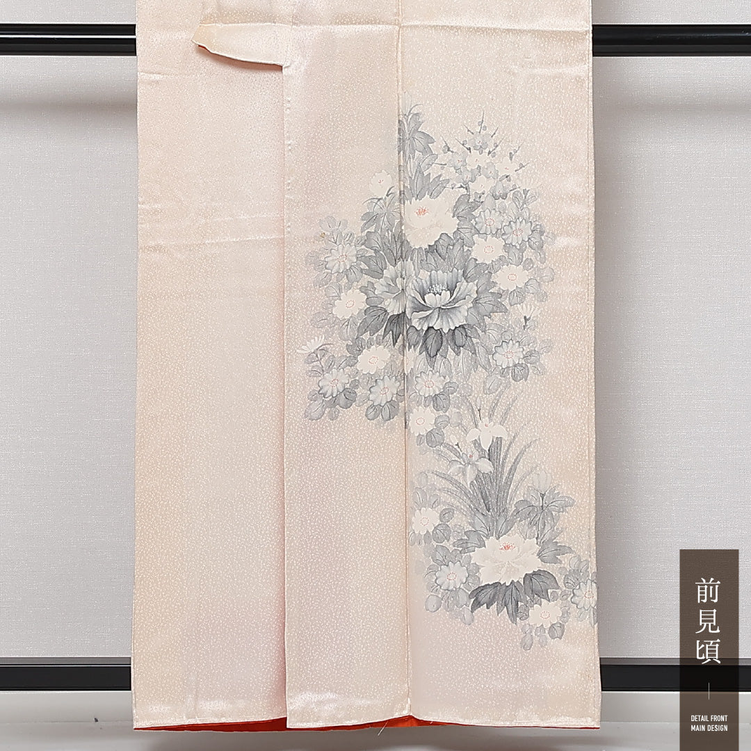 訪問着 袷 身丈150cm 裄丈65cm 正絹 Bランク セミフォーマル 広衿 Sサイズ 牡丹 ピンク系 RP 1217-13602