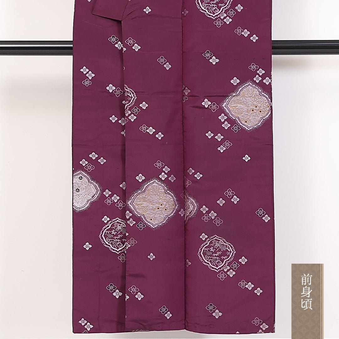 アンティーク お召 袷 身丈149cm 裄62.5cm 正絹 花菱 紫系 Bランク 1216-01277