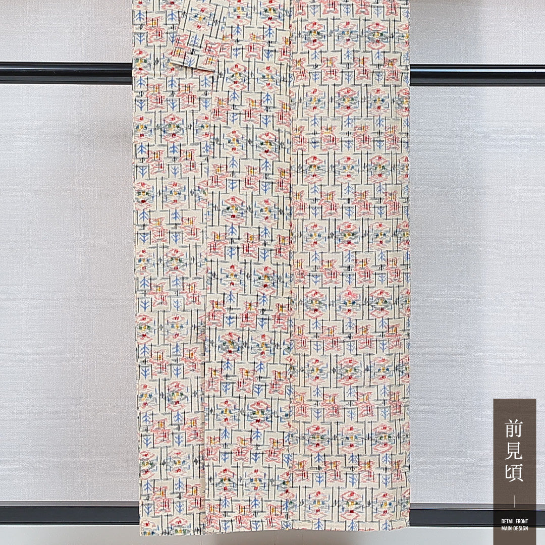 ウールの紬 洗える着物 単衣 身丈153cm 裄丈62cm ウール Sランク Sサイズ バチ衿 カジュアル 抽象柄 クリーム系 1216-14857