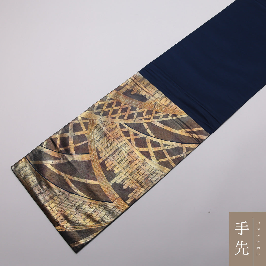 袋帯 帯丈406cm 正絹 六通 セミフォーマル 光悦垣 グレー系 金系 1243-01362