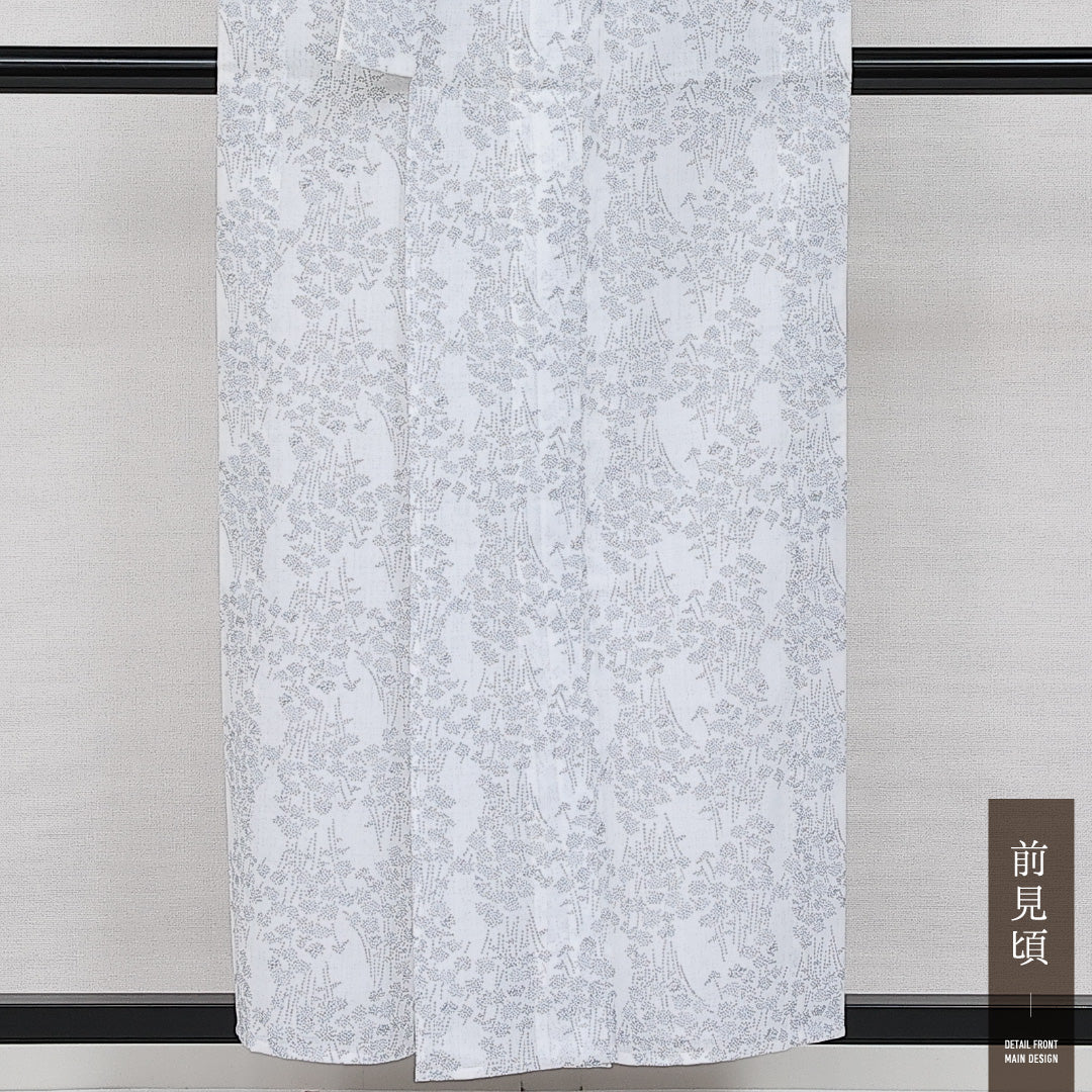 浴衣 夏物 洗える着物 身丈153cm 裄丈61cm Aランク 麻 バチ衿 Sサイズ カジュアル 植物柄 シック 爽やか 白系 1218-14262