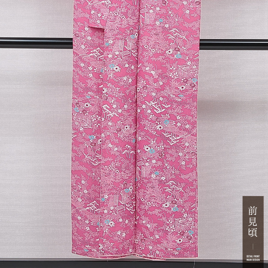 小紋 袷 身丈149cm 裄丈62cm 正絹 Sランク インフォーマル バチ衿 XSサイズ 流水 菊 ピンク系 RP 1221-15617
