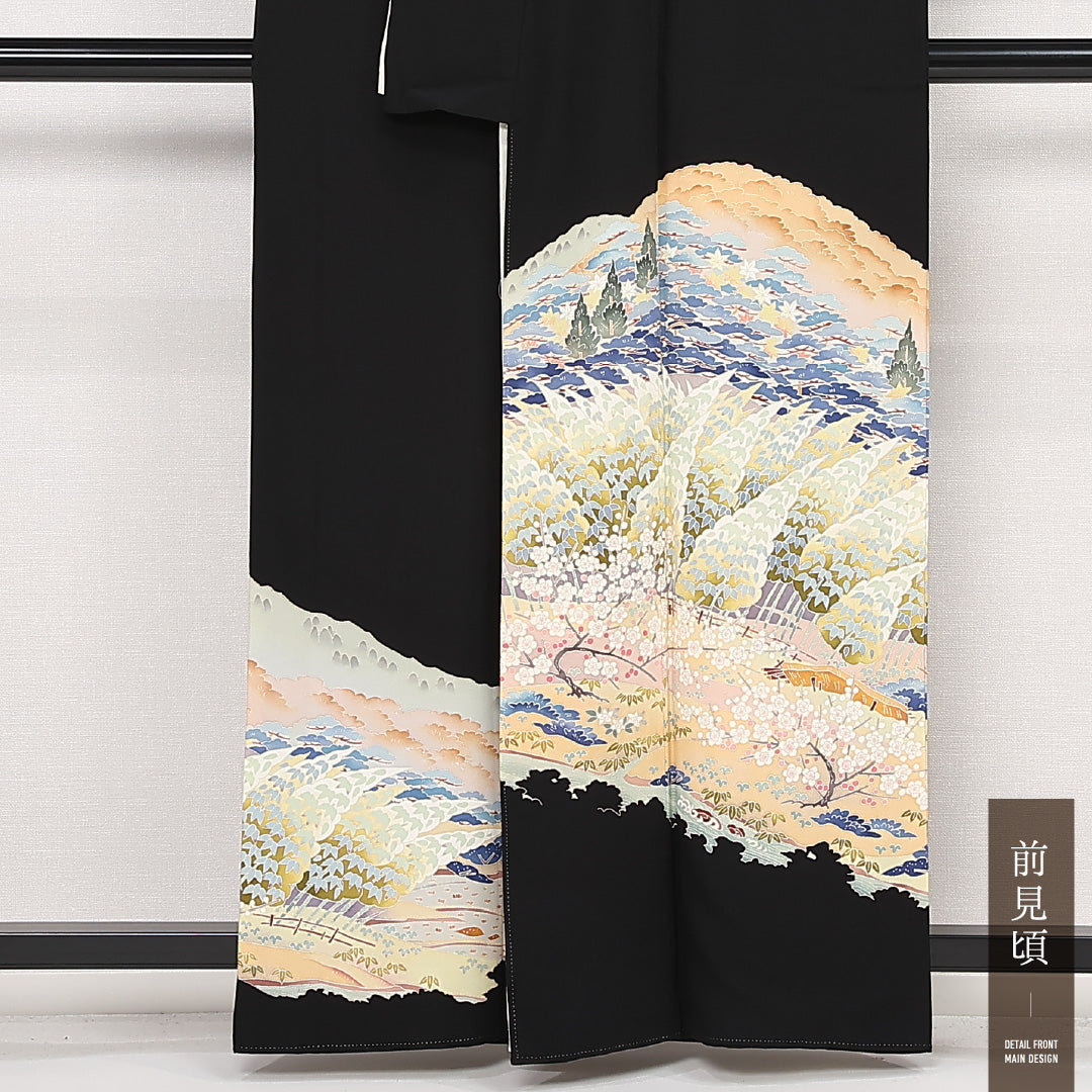 黒留袖 五つ紋 揚羽蝶 身丈159cm 裄丈66cm Sランク 正絹 袷 比翼 広衿 M 落款 加賀友禅 茶屋辻 フォーマル 幻想的 重厚感 黒系 1211-F0559