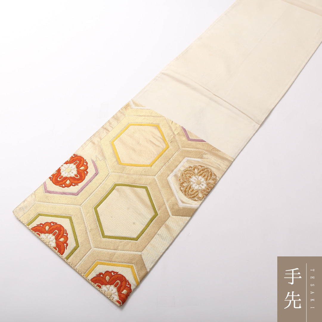 袋帯 帯丈428cm 正絹 六通 フォーマル 唐織 花菱亀甲 金系 1243-01713