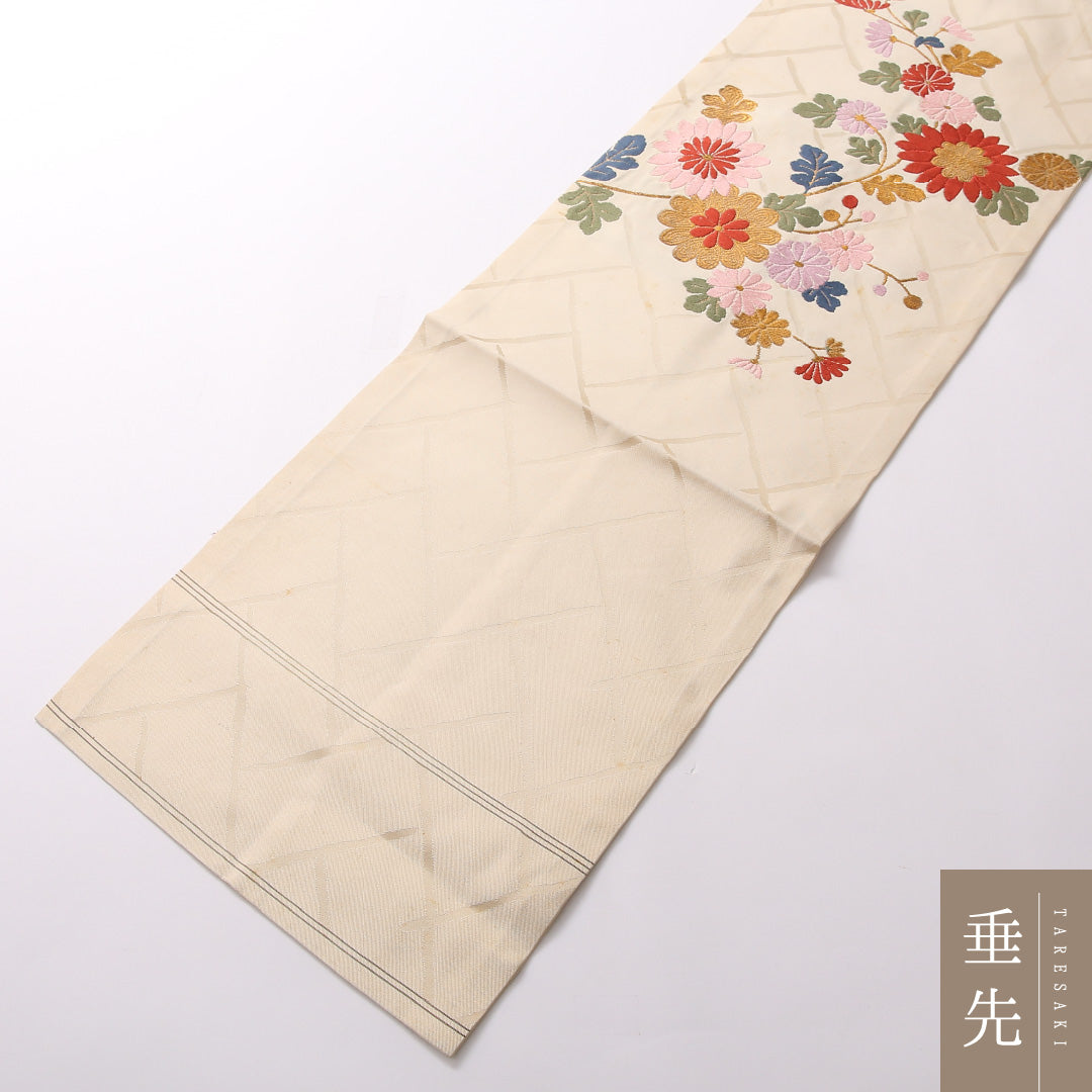 九寸名古屋帯 Cランク 帯丈359cm 正絹 六通 名古屋仕立て 織り セミフォーマル 唐草華文 籠目 クリーム系 RP 1245-02815