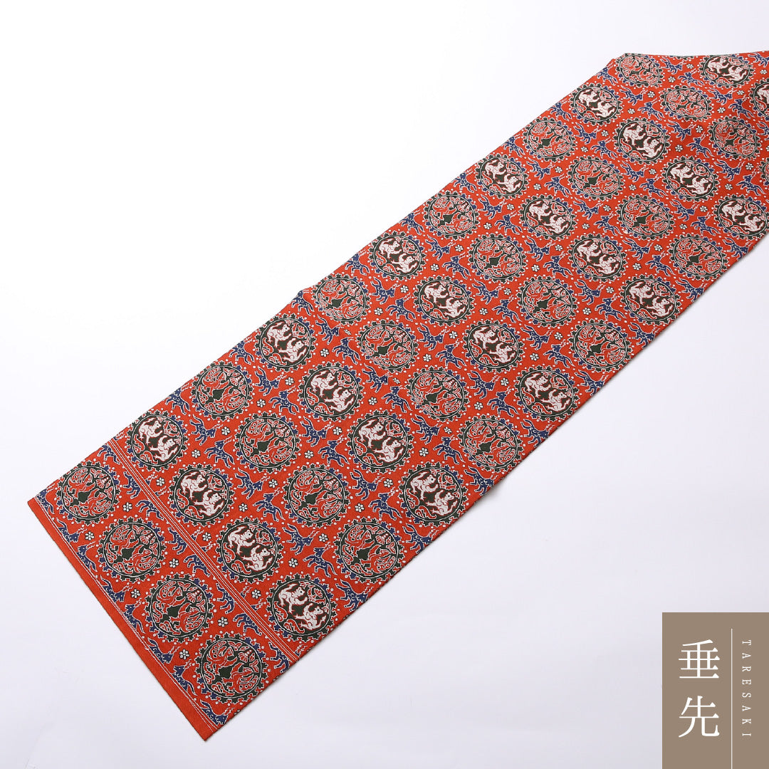 未使用品 九寸名古屋帯 Nランク 帯丈348cm 正絹 全通 名古屋仕立て 織り セミフォーマル しつけ糸 双鳥唐花文 名物裂 連珠文 赤系 RP 1245-02509