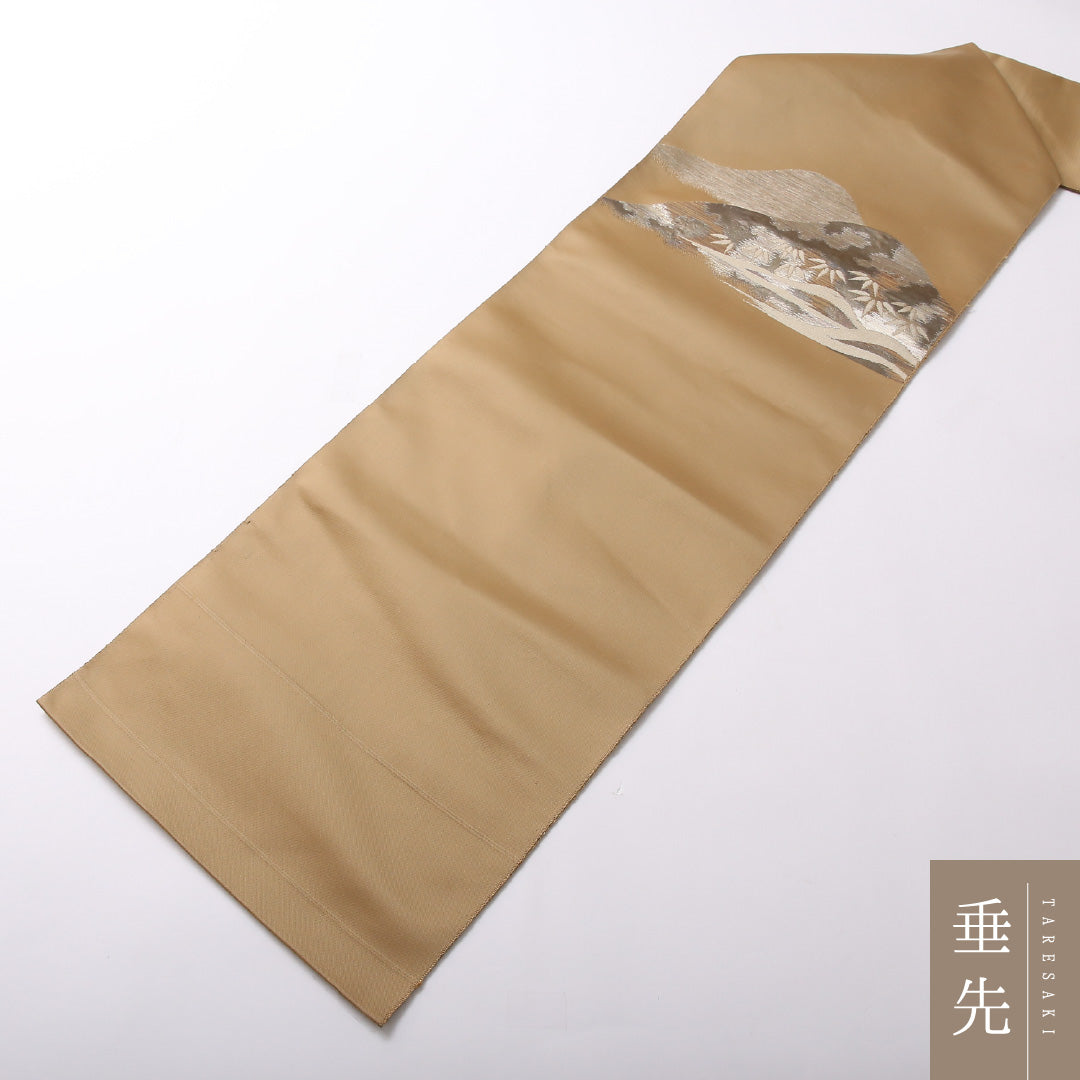 八寸名古屋帯 Sランク 帯丈332cm 正絹 ポイント柄 名古屋仕立て 織り セミフォーマル 綴れ織 遠山 秋草文 茶系 LP 1245-03008