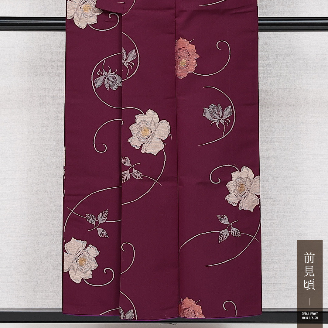 アンティーク お召 袷 身丈151cm 裄丈60cm 正絹 Aランク バチ衿 Sサイズ 薔薇 紫系 RP 1222-14234