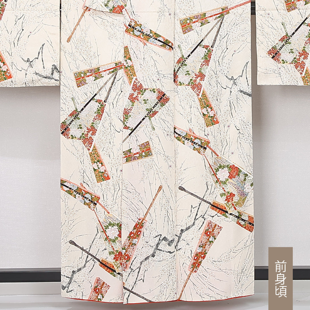振袖 身丈158cm 裄丈64.5cm Sランク 袷 正絹 S 広衿 エレガント 吉祥文様 扇 古典柄 菊 梅 花柄 クリーム系 1213-F0442