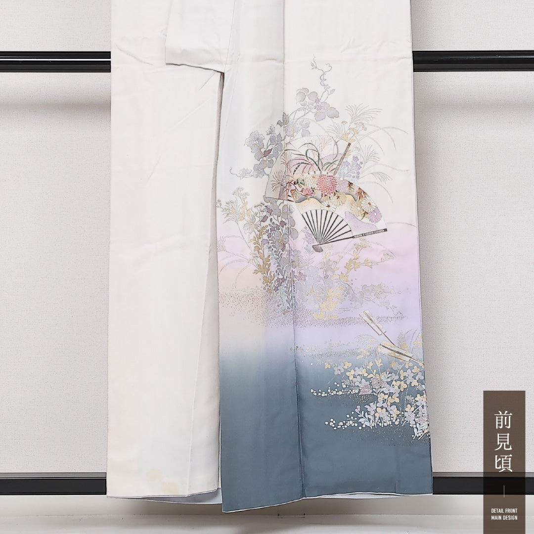 訪問着 袷 身丈147cm 裄丈63cm Sランク 正絹 広衿 XSサイズ セミフォーマル 扇 菊 古典的 気品 白系 1212-13596