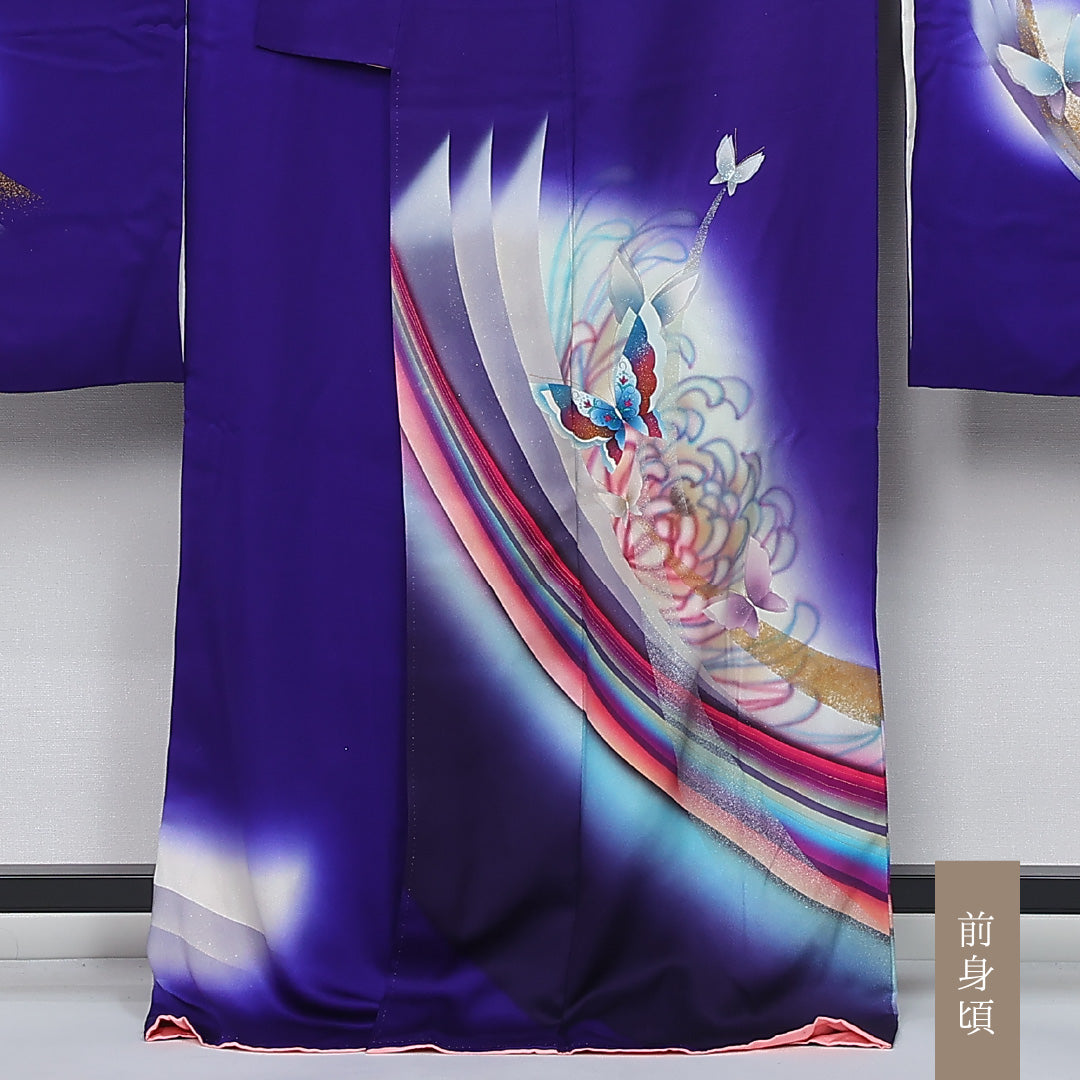 振袖 身丈167cm 裄丈68.5cm Sランク 袷 正絹 M 広衿 モダン ぼかし 蝶 吉祥文様 青系 1213-F0431