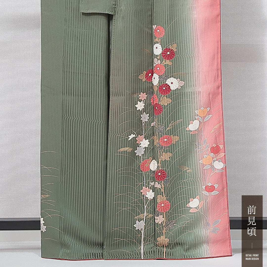 付下げ 袷 身丈160cm 裄丈65cm 正絹 Cランク Lサイズ 広衿 インフォーマル 菊 緑系 ピンク系 1261-14963